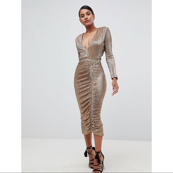 DESIGNER Gold sequined midi dress - US size 4 - Picture 1 of 3